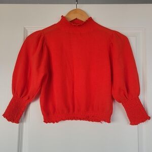 Zara Red Smocked Neck Puff Sleeve Knit Top